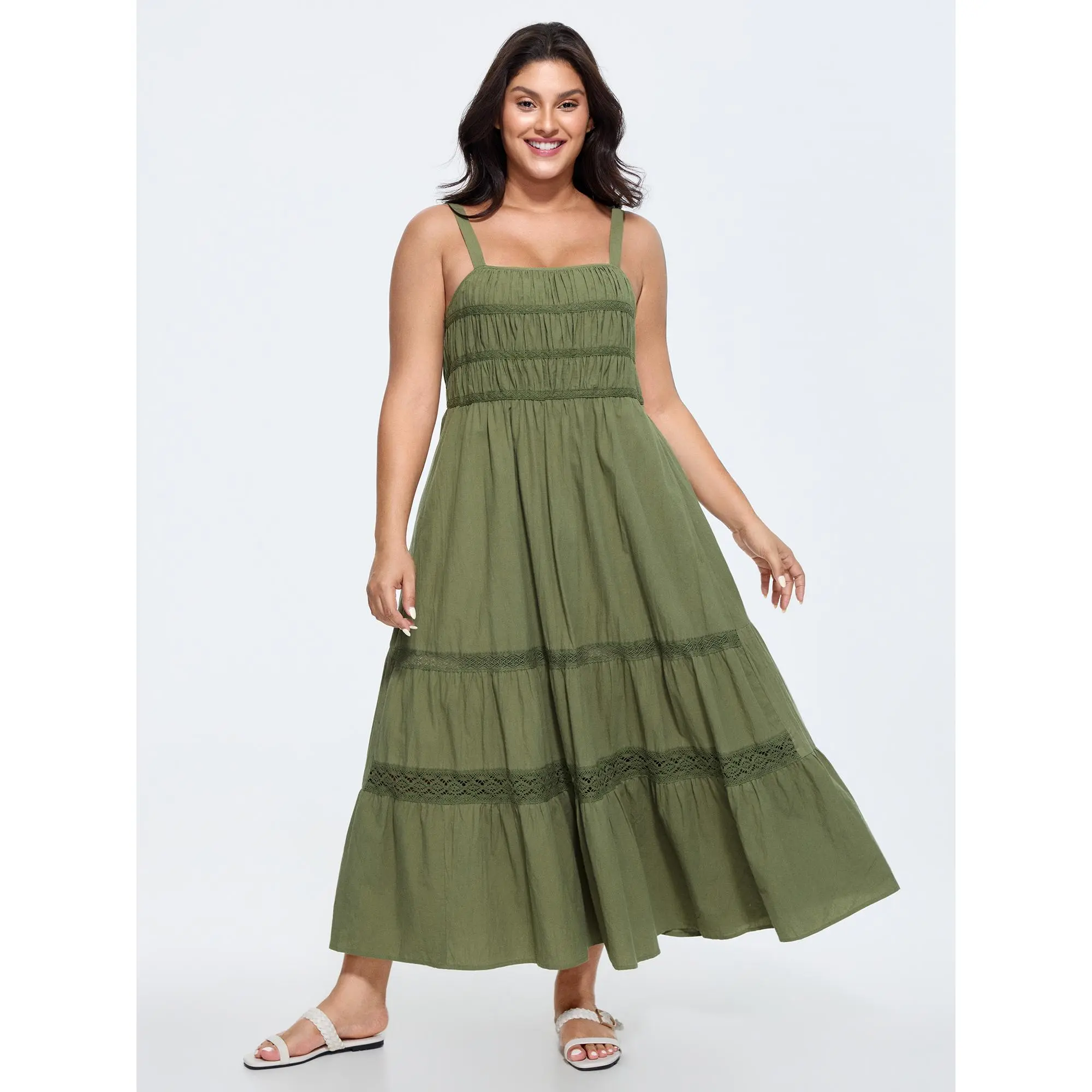 BloomChic Women's Plus Size Curvy Moss Maxi Dress - Sleeveless, Square Neck, Tiered, Lace-Accented, Side Pockets, Breathable Solid Cotton, Pull-On, Modest Princess Aesthetic, Casual Brunch/Resort Wear, Do Not Tumble Dry, Plus Size Dresses, Brunch Outfit I