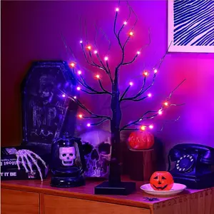 Halloween Tree with 24 LED Orange Purple Lights, USB/Battery Operated Halloween Table Decorations Tree Light Halloween Decorations Indoor for Home Party Decor