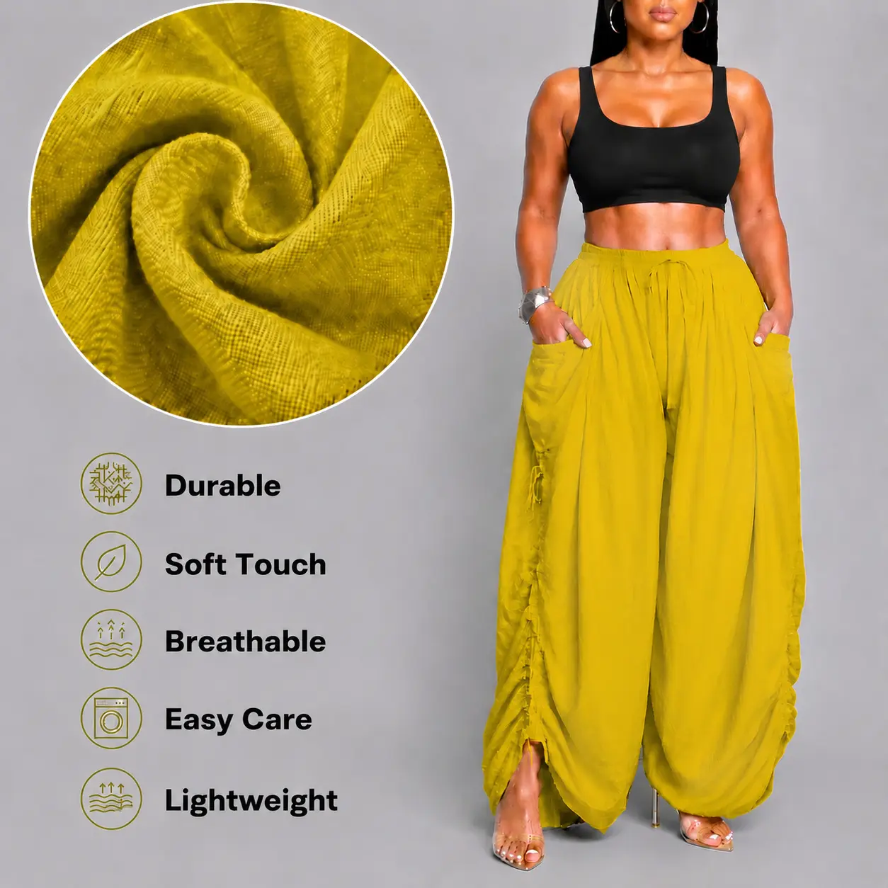 .Women's Plus size High Waisted Wide Leg Pants Vintage Punk Ruched Side Drawstring Loose Baggy Harem Trousers with Deep Pockets Elastic Waist Y2K Streetwear Casual Parachute Cargo Pants Lightweight Flowy Oversized Bottoms