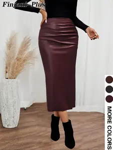Plus Size Women's Solid Color Basic Casual Midi Skirt Bottoms, Fitted Plain A-Line Design, All Season Wearable Comfort Style