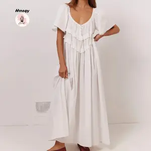 Women Long Dress, Elegant Short Sleeve Low-cut Backless Solid/Plaid Loose Swing Dress