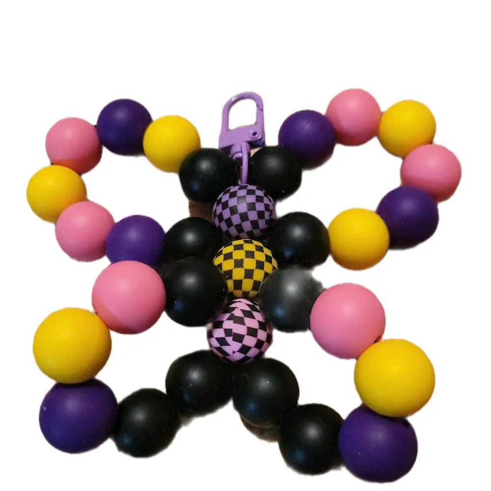 Multi Color Butterfly Keychain with Colorful Balls and Checkerboard Design
