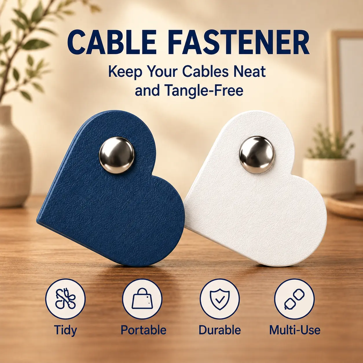 Heart Cable Fastener 2 Pack, Blue & White Cable Organizer with Metal Snap, Compact Cord Holder for Charging Cables, Earphones, USB Cords, Desk, Bag, Office and Travel