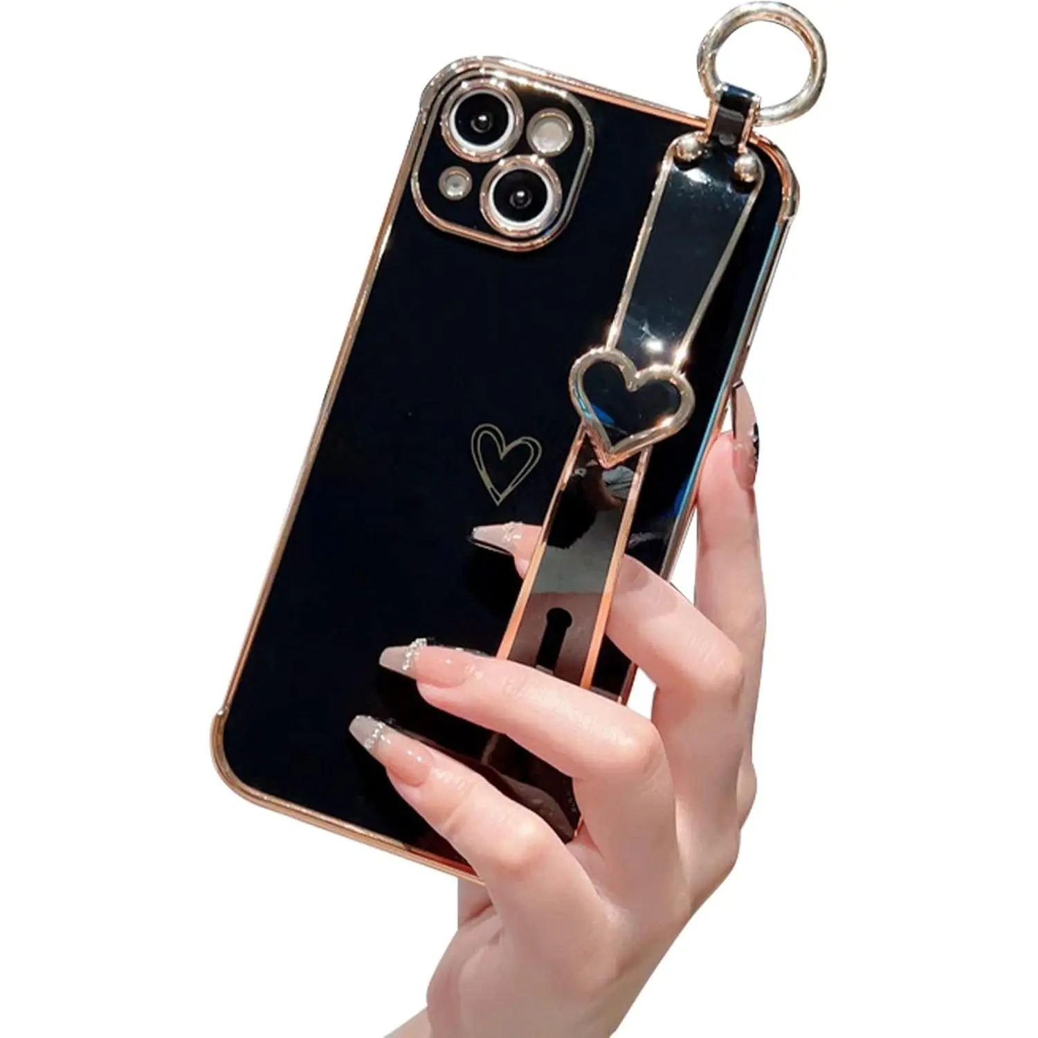 Compatible with iPhone 12 Pro Case, Cute Luxury Plating Edge Bumper with Love-Heart Wristband Stand Soft TPU Shockproof Case for iPhone 12 Pro for Girl Women