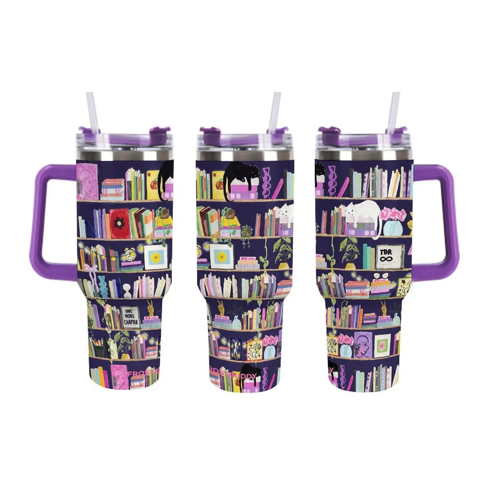 40oz Colorful Double Wall Insulated Stainless Steel Flask - Purple Handle, Printed Aesthetic Bookshelf Cat & Plants Design Tumbler with Lid, 1000-2000ml Adult Book Lovers' Birthday Gift Kitchenware Drinkware
