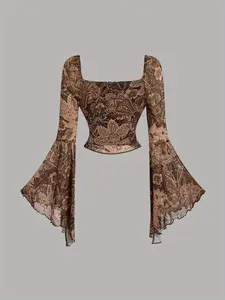 Floral Print Vintage Minimalist Long Tee, Casual Daily Wear, Women's Fashion Top, Comfortable and Stylish, Perfect for Spring & Fall, Womenswear