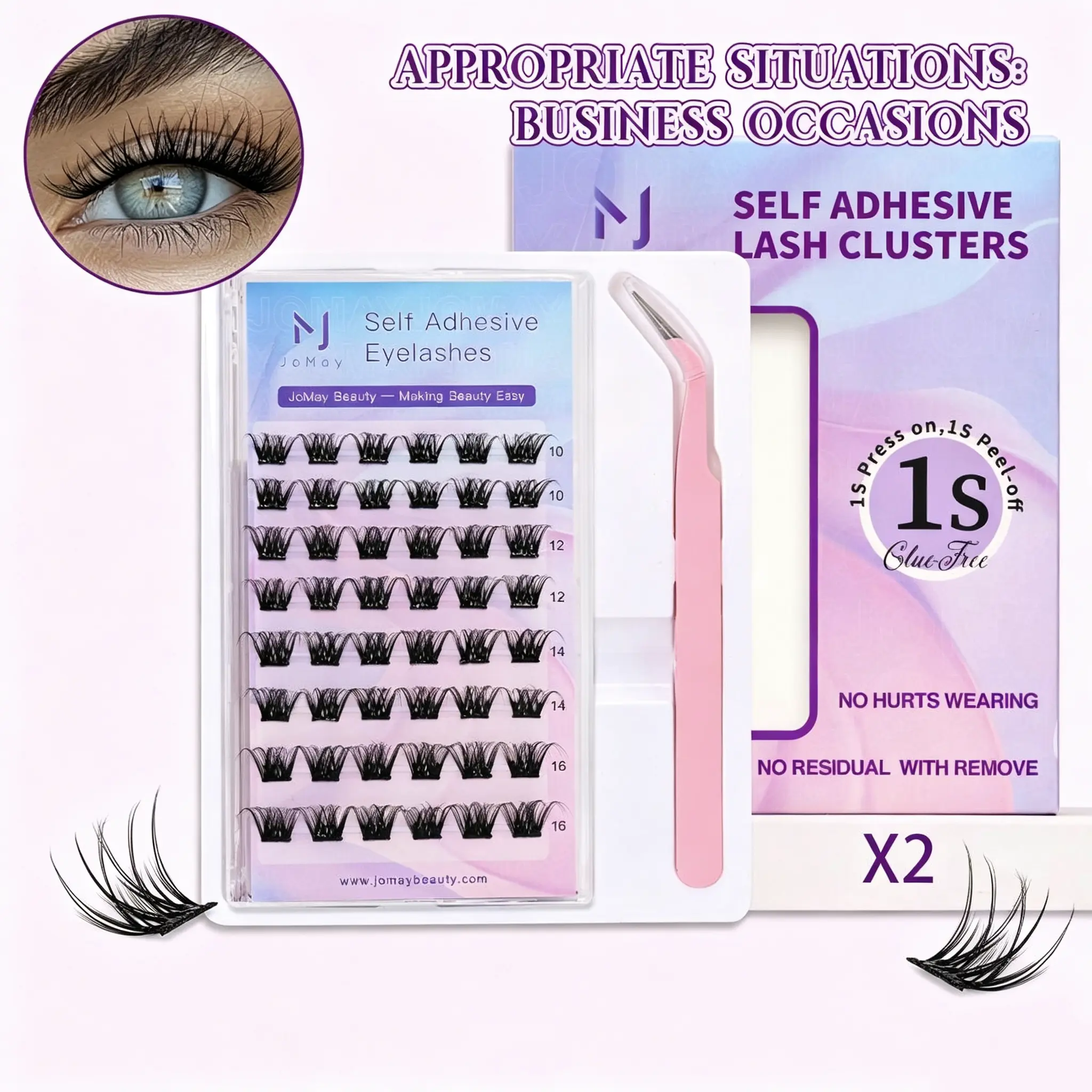 JoMay Beauty DIY Eyelash Cluster Kit Press-On Lash Cluster Kits Self-Adhesive Lash Kit No Glue Needed Wispy Spiky StylesNo Sticky Residue Sensitive Eyes Safe 24H Hold Free Tweezer Included 48Clusters 10-16mm D Curl Beginner Friendly for Daily Wear