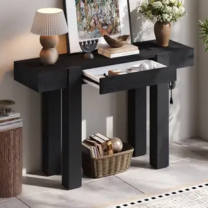 Rustic Minimalist Console Table with Hidden Drawer, Side Power Outlet, Wood Entryway Table for Entryways, Living Rooms and Home Offices