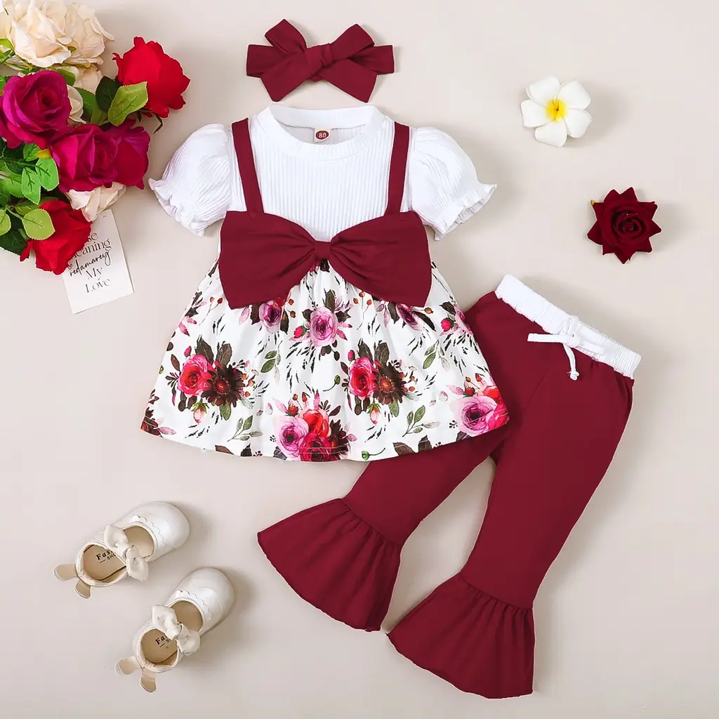 Ready Stock 6m-3y Baby Girls Floral Print Bubble Short Sleeve Fake Two Pieces Ruffle Tops Flare Pants Headband 3Pcs Infant Toddler Casual Wear WG-XP10
