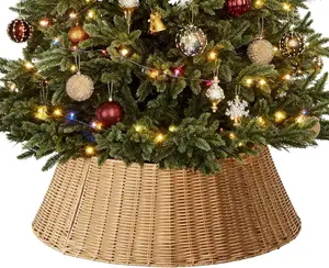 27in Rattan Christmas Tree Collar, 4-Panel Handwoven Wicker Tree Base Cover, Fits 6-9ft Trees, Foldable Skirt Stand Cover