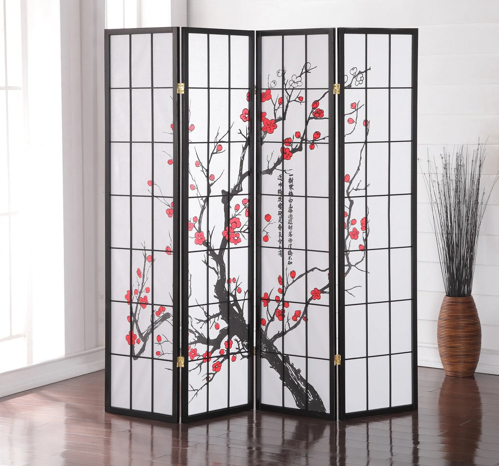 Roundhill Furniture Japanese 4-Panel Screen Room Divider, Plum Blossom Roundhill Furniture Japanese 4-Panel Screen Room Divider, Plum Blossom