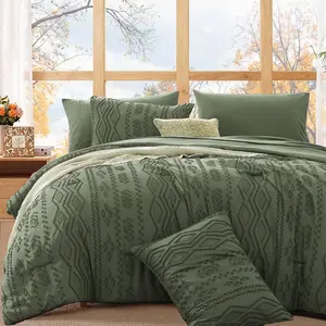 WRENSONGE Full Size Comforter Set with Sheets - 7 PiecesOlive Green Tufted Bed in a Bag Full Shabby Chic Bedding Sets with 1 Comforter, 2 Sheets, 2 Pillowcases & 2 Shams