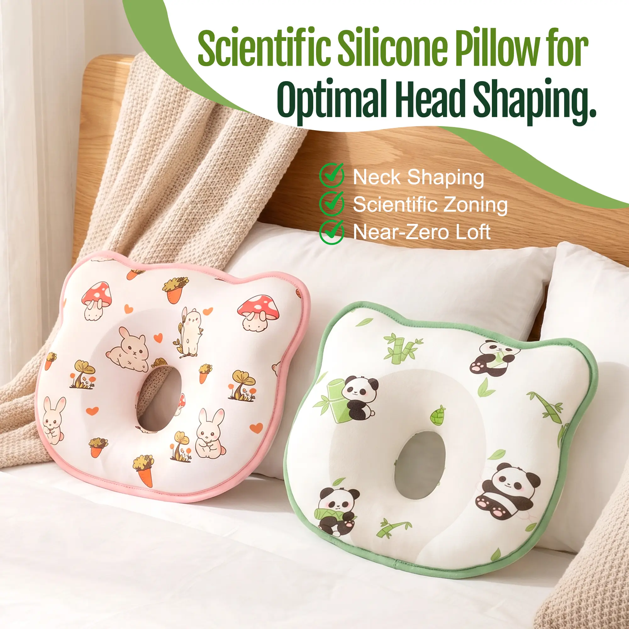 PopLid Soft Silicone Baby Head Support Pillow/Neck Pillow, Breathable Washable Non-Slip Design, Ergonomic Baby Cushion, Shape-Retaining, Includes Removable Pillowcase, Baby Shower Gift for Newborns & Infants