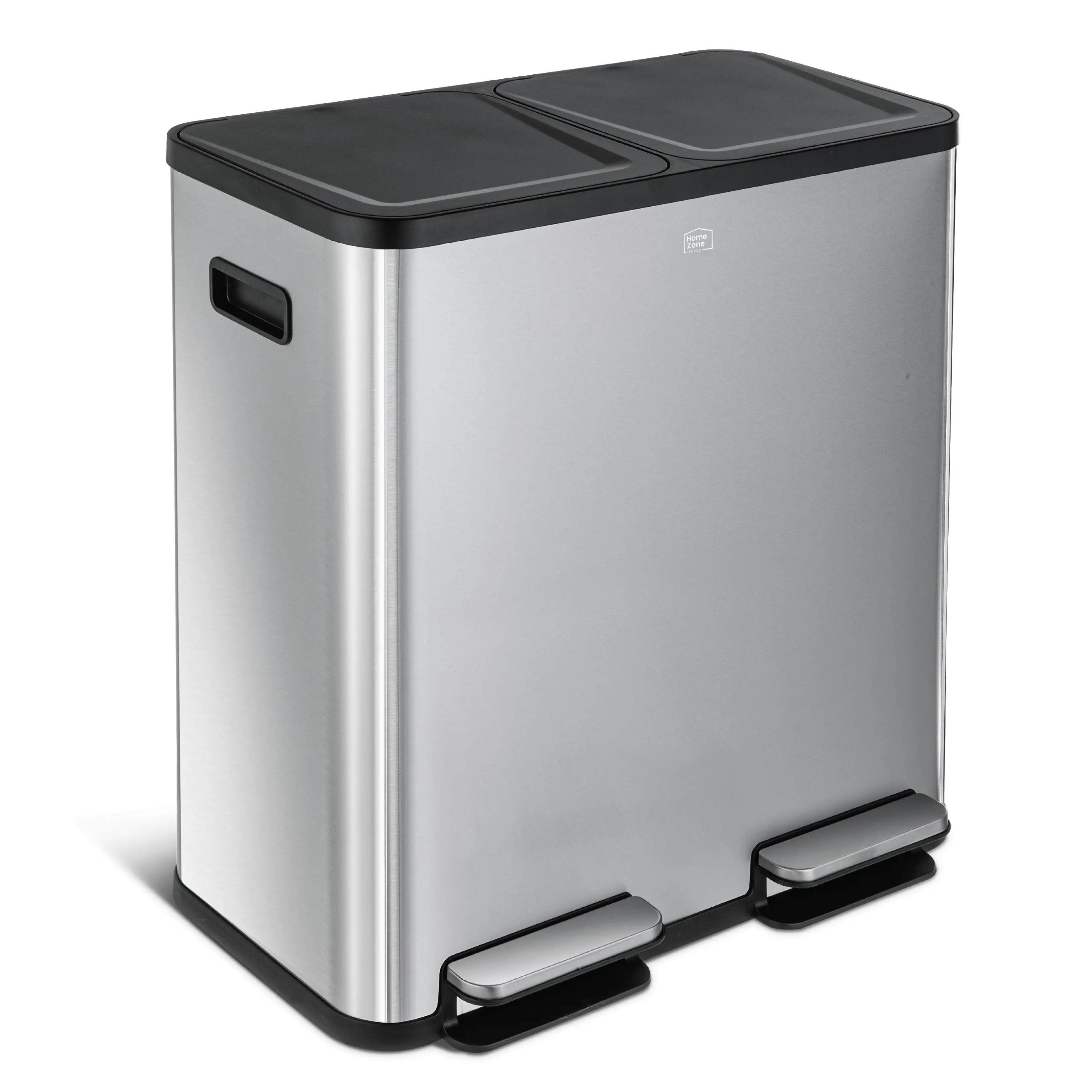 Home Zone Living 21 Gallon Dual Compartment Kitchen Trash Can with Dual Step Pedals, Soft-Close Lids and Odor Control, Stainless Steel, Silver