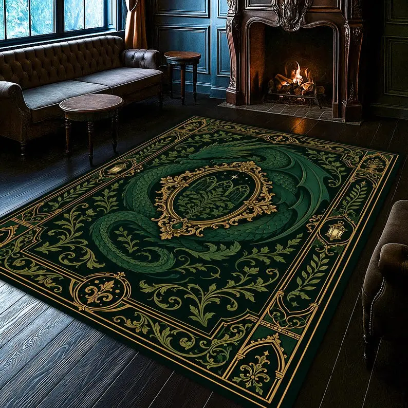 Sleeping Dragon Gothic Rug, Dark Green Fantasy Carpet, Medieval Castle Decor Rug, Ornamental Dragon Rug