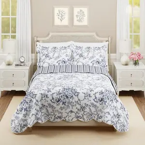 Toile 3-Piece Reversible Set - Lightweight Coverlet Set, Floral Vintage Quilted Bedding Set with 2 Shams, All, Full Queen Size, Blue |   Breathable, Reversible, Lightweight