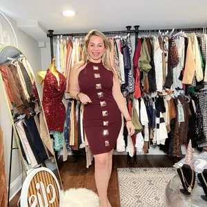 Elegant Maroon Dress with Gold Studs and Halter Neckline for Special Occasions