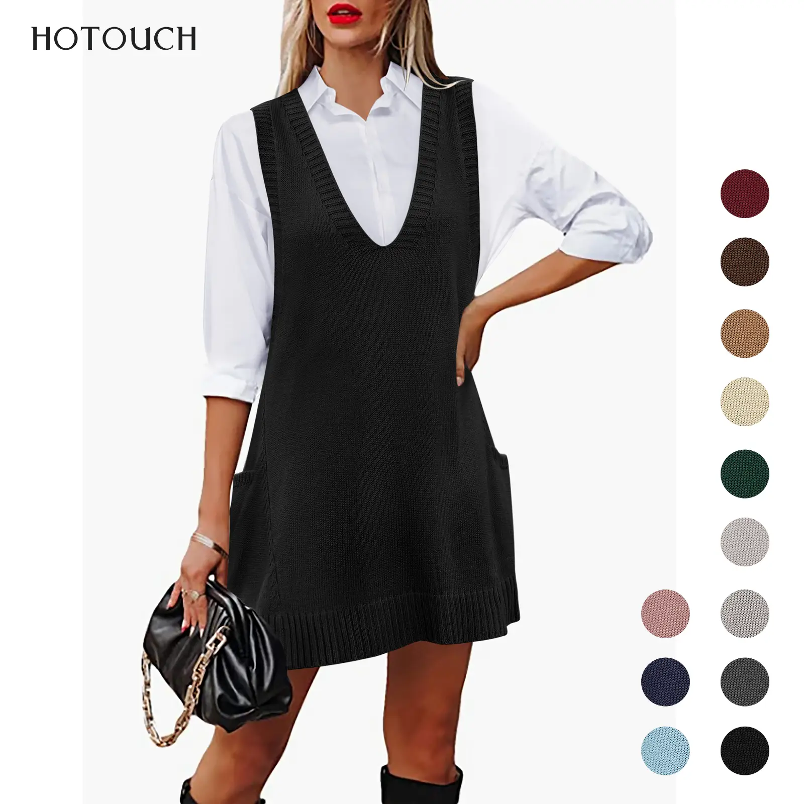 HOTOUCH Women's Sweater Vest Oversized V Neck Sleeveless Knit Pullover Ribbed Vest Dress with Pockets Fashion New Style 2025 Fall&Winter New Arrivals