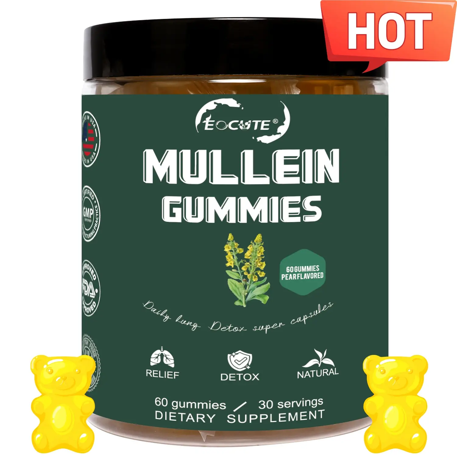 EOCUTE Mullein Gummies 60 Count Dietary Supplement with Quercetin, Bromelain, Elderberry & Marshmallow for Lung Cleanse, 10000 MG Extract (10:1)