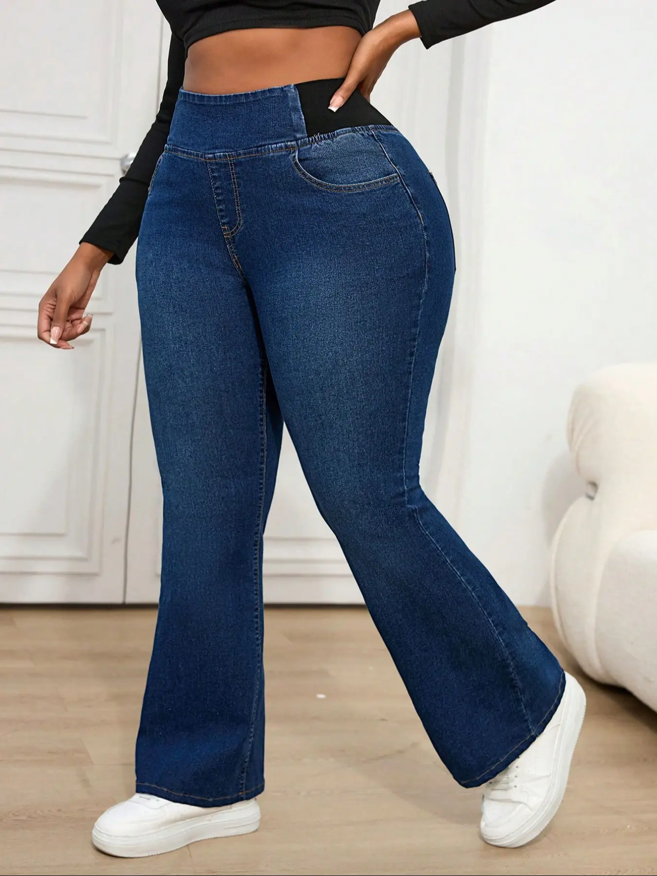 Women's Plus Size Trendy Fashion Bell Bottom Jeans, Elastic Comfortable Soft Denim Jeans, New Style Long Fitted Jean Trousers, Womenswear Pants, Flare Leg Denim, Flared Leg Design