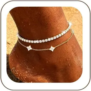 2 PCS Gold/Silver Ankle Bracelets for Women 14K Gold Plated Anklet Set Non Tarnish Waterproof Adjustable Dainty Stackable Layered Hypoallergenic Beach Essentials Summer Jewelry Gift