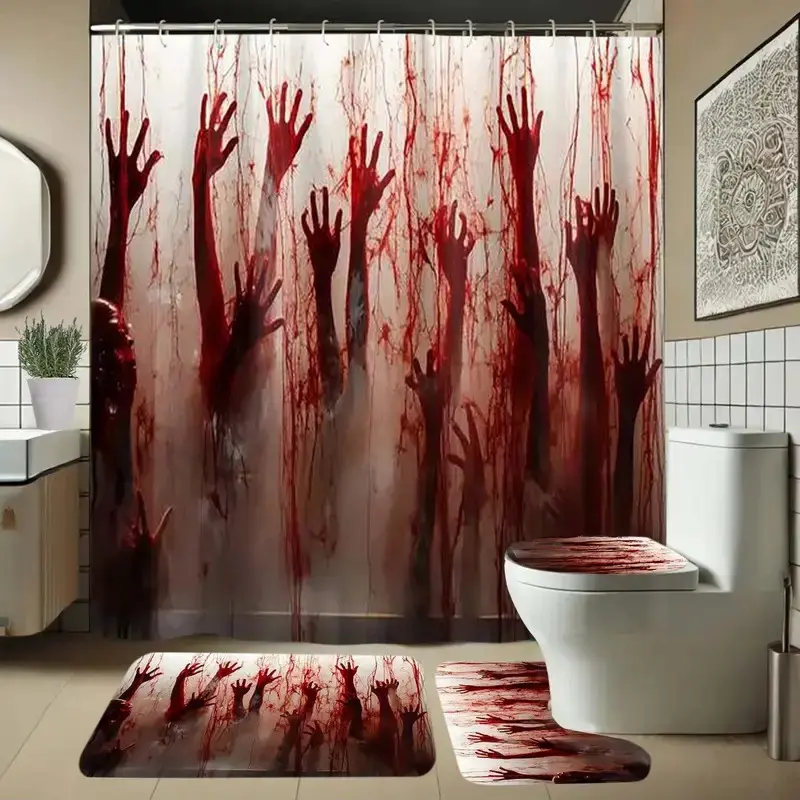 4pcs Halloween bloody hands, Gothic shower curtain, horror, spooky, struggle, shower curtain set, non-slip floor mat, U-shaped carpet, toilet cover, Bathroom accessory, 12 shower curtain hooks, Bathroom Decor And Accessories