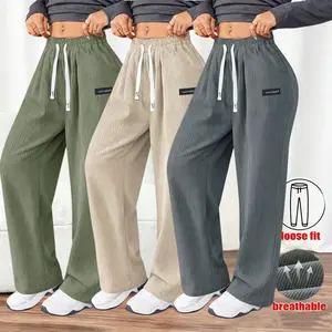Women's Corduroy Wide Leg Pants - Elastic Waist Loose Breathable Casual Pants, Comfortable High Waist for Women's Daily Wear | Available in Large Size, Sports and Leisure Clothing, Wide Leg Loose Fit Sports Pants, Lightweight Elastic Sports Pants