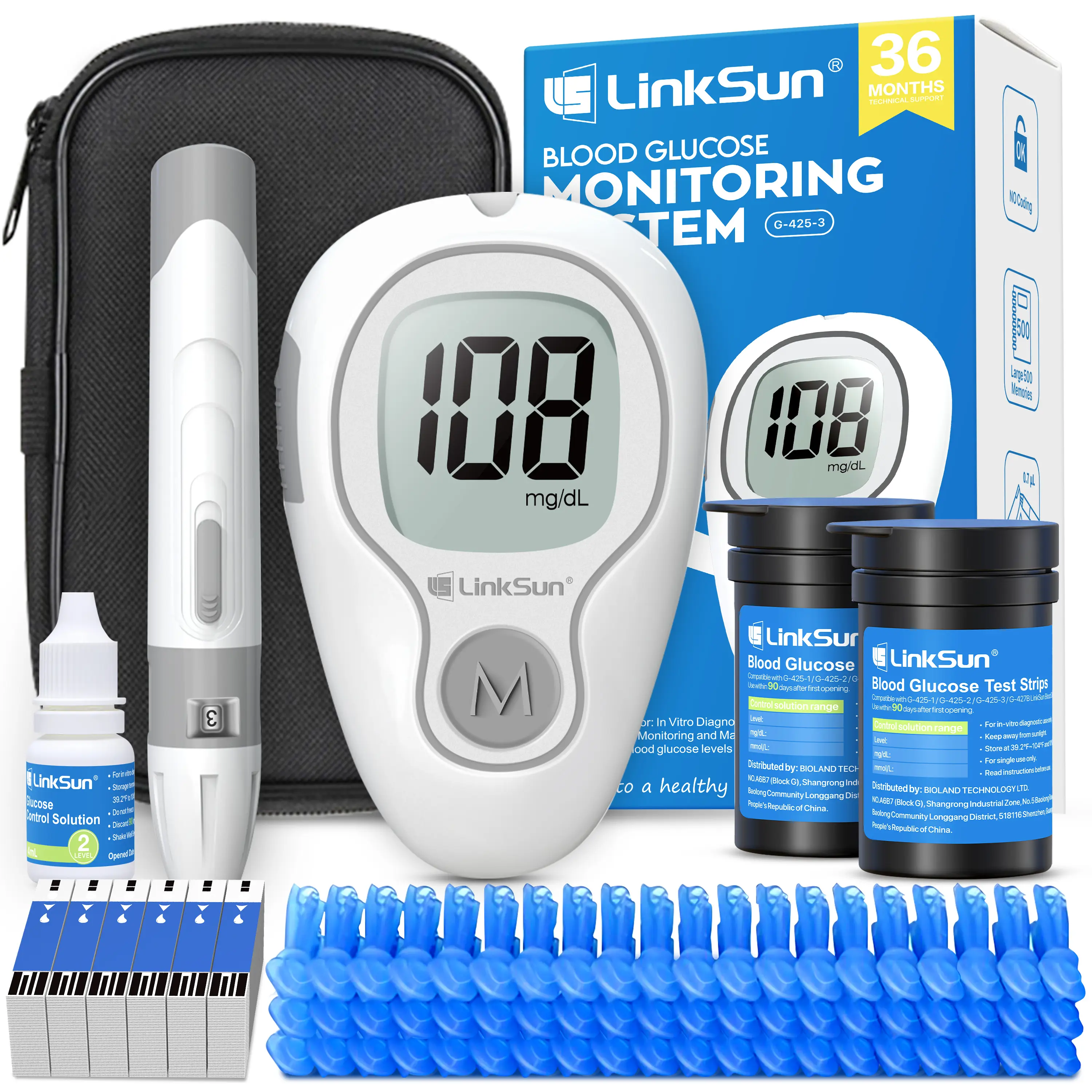LinkSun G-425-3 Blood Glucose Monitor Kit with 100/50 Test Strips & 100/50 Lancets No-Coding Large Display 1 Lancing Device Control Solution Diabetes