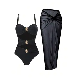 Women's 3-Piece Black Skirted Bikini Swimsuit - Nylon Blend, See-Through Mid-Length Chiffon Layer, Sexy Hollow-Out Design, Slimming Fit, Metal Accents, Skirted Bathing Suit for Summer Vacation