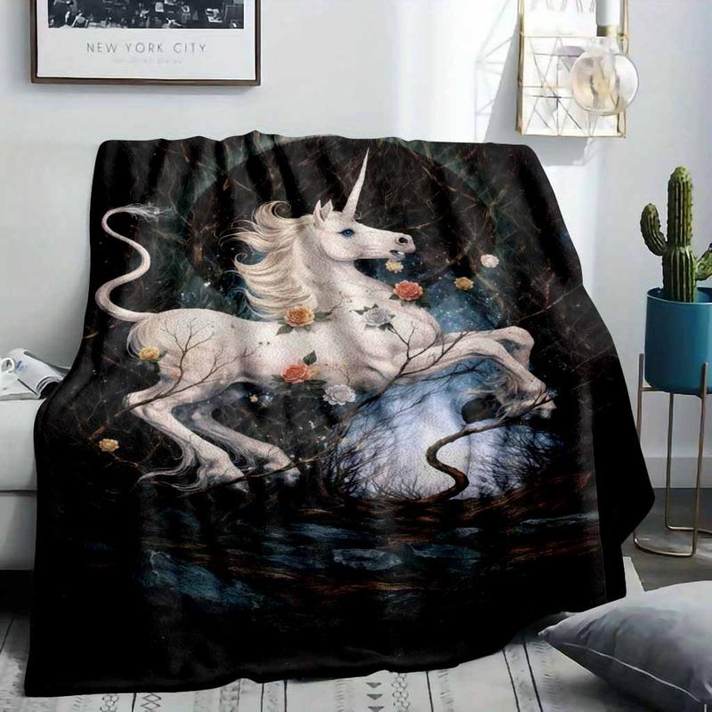 Fantasy Unicorn Flannel Fleece Throw Blanket Elegant White Horse Rose Floral HD Print Mystical Aesthetic Ultra Soft Non Shedding Warm Cozy Sofa Bedroom Living Room Decor Gift