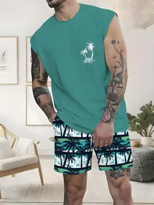 Men's Sleeveless Printed Beach Shorts Set, Summer Cool Casual Sports Wear, Breathable Comfort Couple Swimwear Matching