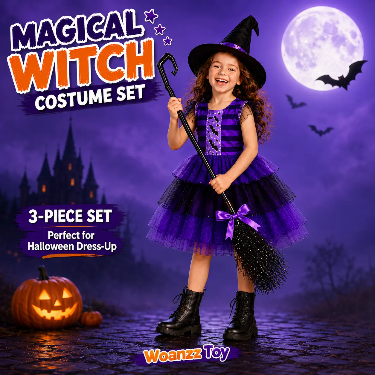3-Piece Girls Witch Costume Set - Purple Halloween Dress Up Outfit with Pointed Hat & Matching Broom for Trick-or-Treat, Parties & Photo Looks