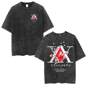 Anime Hunter X Hunter Logo Vintage Washed T Shirt Killua Gon Cherry Blossom Graphic T-shirt Men Fashion Casual Oversized Tshirt Menswear Top