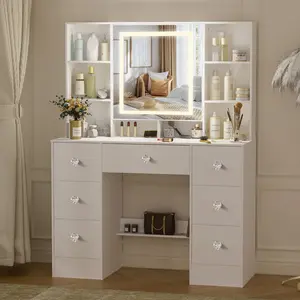 Vanity Desk With Touch Control LED Mirror Makeup Dressing Desk 7 Drawers with Crystal Pull