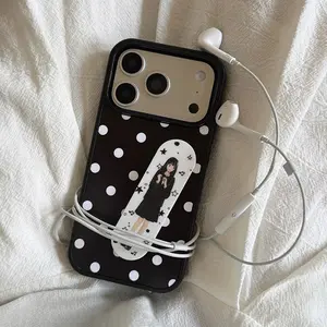 Cute Retro Polka Dot Anime Girl Band Aid Bracket Phone Case for Iphone 14 15 16 17 Pro Max Air 13 Protective Shockproof Cover
