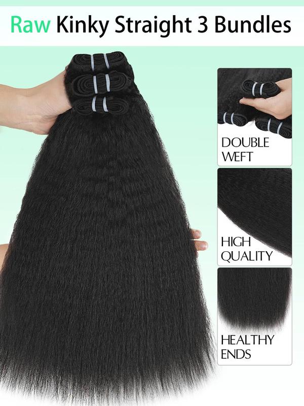 Lemoda Raw Kinky Straight Human Hair Bundles 100% Unprocessed Brazilian Human Hair Full and Thick 3 Bundles 16A Double Weft Yaki Straight Bundles Human Hair Natural Color