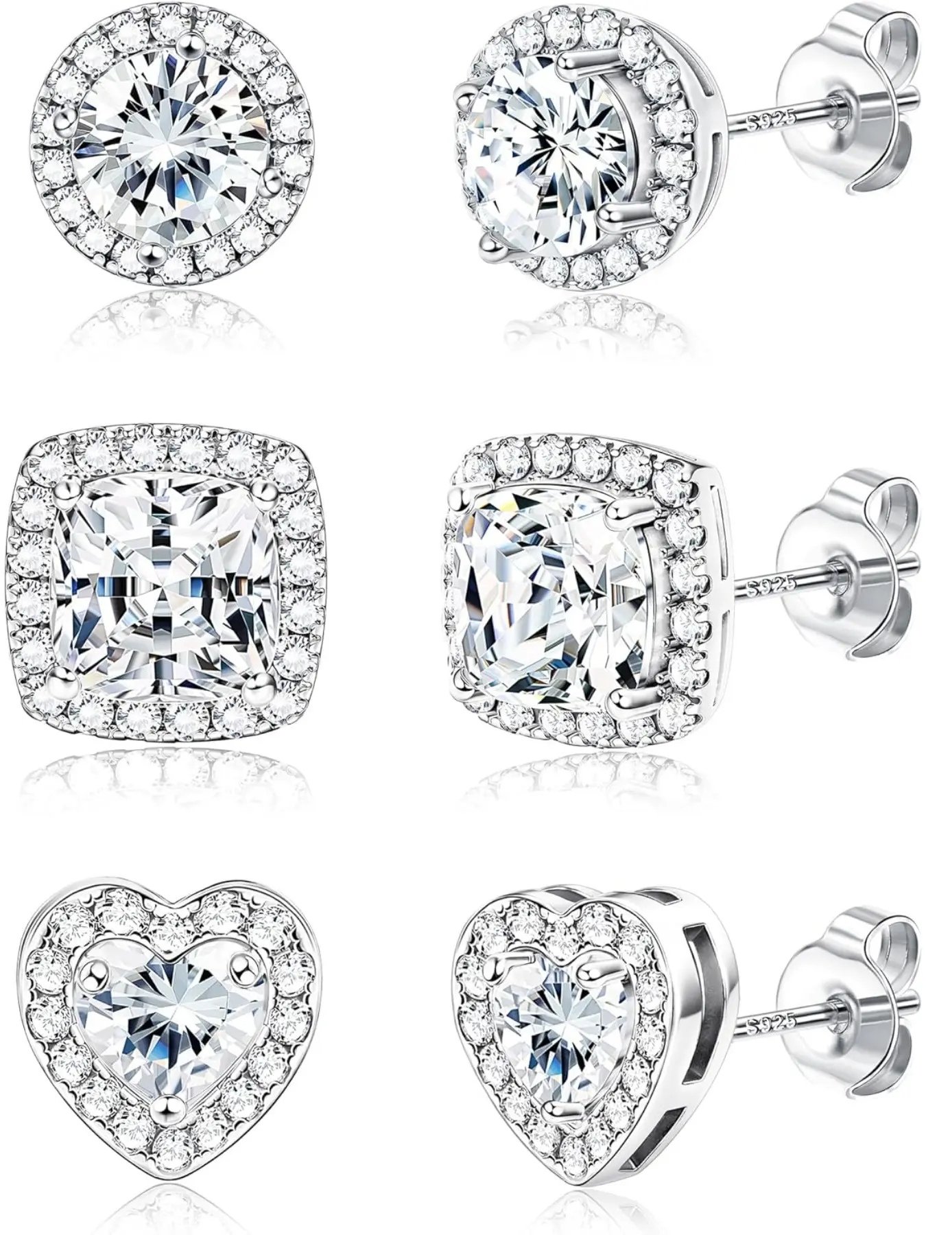 Earrings Set for Women 925 Silver 18 Carat Gold-Plated Cubic Zirconia Stud Earrings Jewelry Diamond Studs Round Square Heart Brilliant Simulated Diamond Earrings Set Silver/Gold Wedding Set Earrings