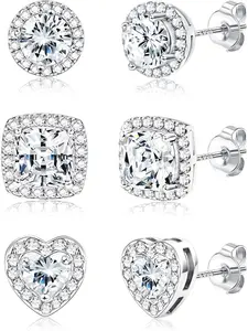 Earrings Set for Women 925 Silver 18 Carat Gold-Plated Cubic Zirconia Stud Earrings Round Square Heart Brilliant Simulated Diamond Earrings Set Silver/Gold Diamond Studs