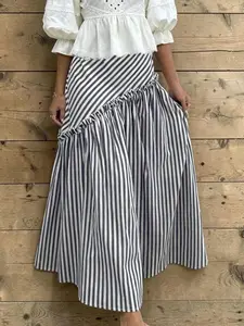 Women's High-Waisted Striped Midi Skirt, Asymmetrical Patchwork Pleated A-Line Dress, Side Zipper Slimming Vacation Style Umbrella Skirt