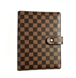 A5 Brown Checkered PU Leather Binder Notebook, 6 Ring Refillable Planner with Card Slots, Multi-Pocket Budget Journal, Luxury Grid Cover Personal Organizer, Portable Business Diary for Office School Travel Daily Planning