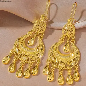 Vintage Chinese Palace Style Gold Water Drop Tassel Long Statement Earrings for Women, Light Luxury Retro Dangle Drop Ear Jewelry, Elegant Fashion Accessories for Daily Wear, Party Banquet and Romantic Gift for Her