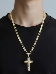 Men's Jazz Cuban Chain Cross Pendant Necklace, Cuban Link Chain, 14k Plated Finish, 60cm Length, Durable and Fashionable Design, Stylish Jewelry Accessory