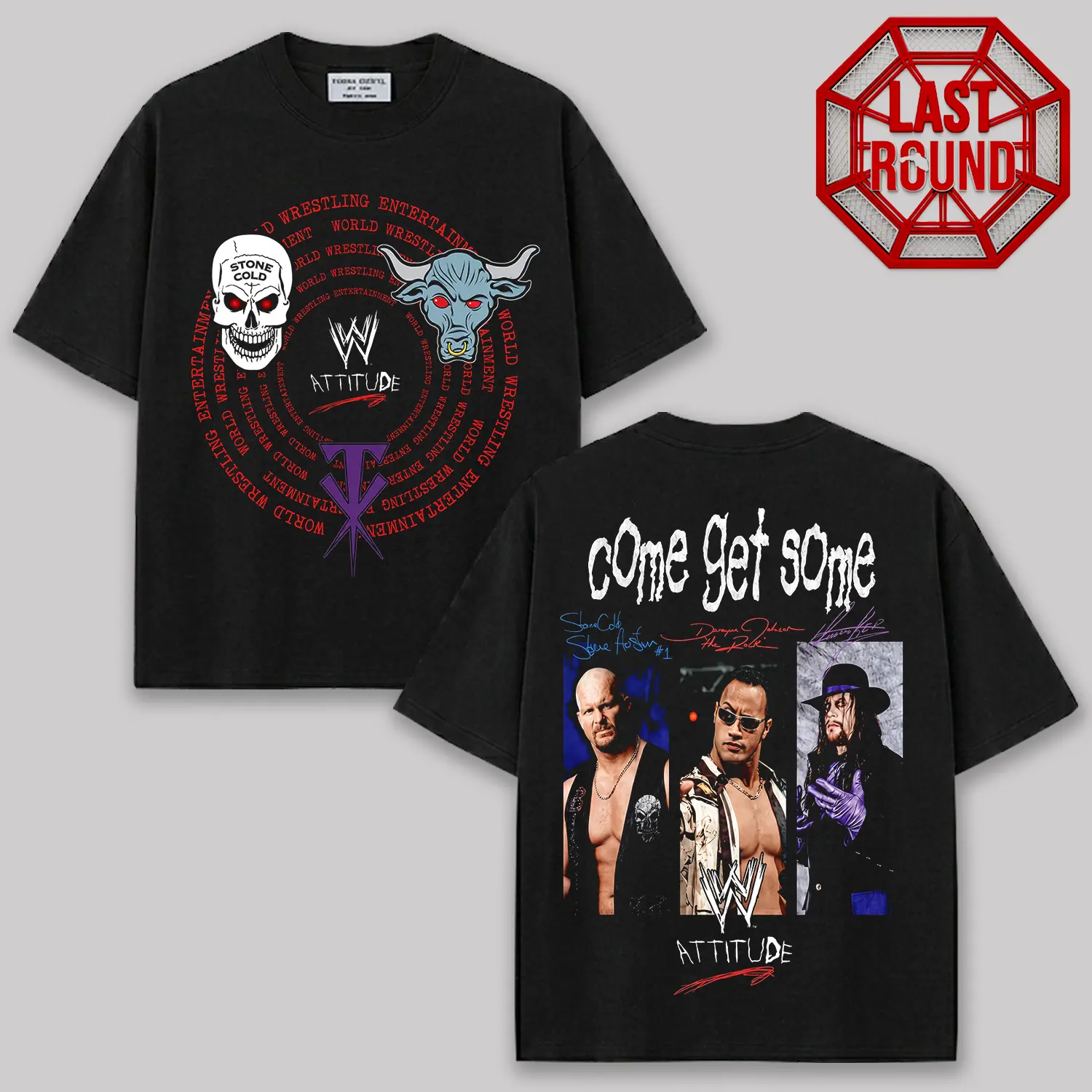 WWE Attitude Era Legends Vintage Graphic T-Shirt, Stone Cold Steve Austin The Rock The Undertaker Double Sided Graphic Tee, Come Get Some Retro Wrestling Shirt, Y2K WWE Inspired Streetwear, Unisex Wrestling Fan Apparel