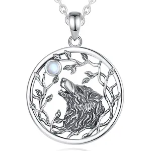 Enchanting Viking Wolf Necklace, Howling Wolf Pendant, S925 Sterling Silver Circular Charm With Wolf Head & Tree Branch Design, Ideal Gift