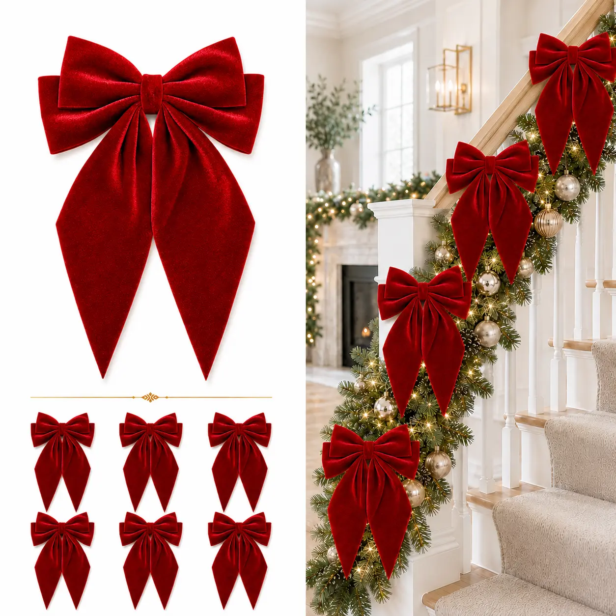 Senjie 6PCS Velvet Christmas Bows, Double Tail Angled Cut Holiday Bows for Christmas Tree, Wreath, Garland & Gifts