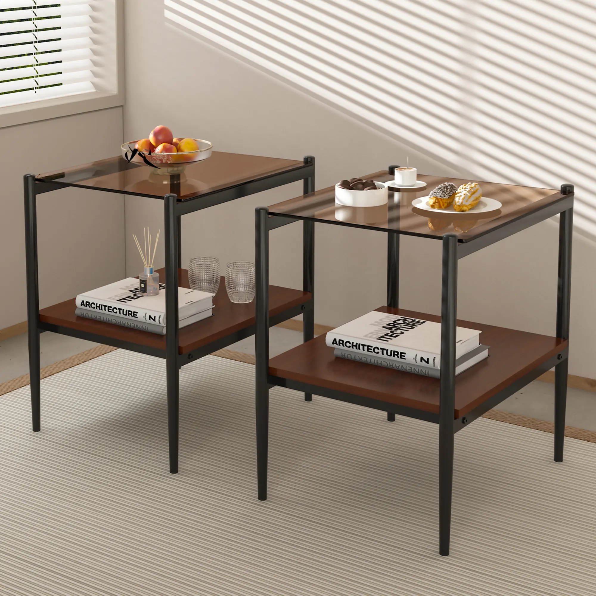 Set of 2 Rectangle End Tables, Tempered Glass Top with MDF Storage Layer, Sturdy Iron Legs Modern Side Tables, 110 LBS Capacity Accent Tables for Living Room, Brown Black