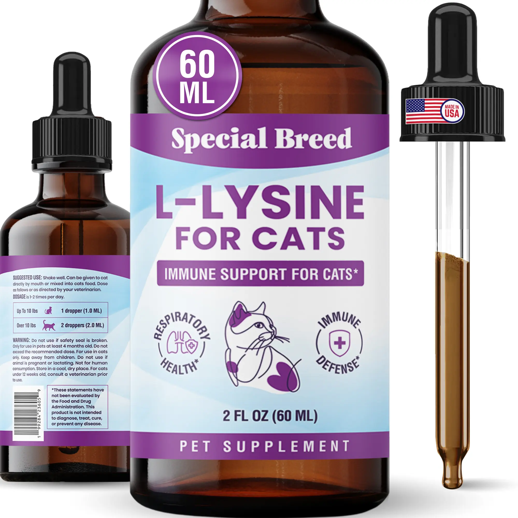 Special Breed L-Lysine Liquid Cat Supplement Bottle - Immune Booster, Respiratory Health, Eye Care Aid - 2oz (60mL) Syrups with Burdock, Astragalus, Atractylodes, Dangshen, Vitamins A,B1,B2,B6 - Promotes Overall Well-Being for Cats (24 Months Shelf Life)