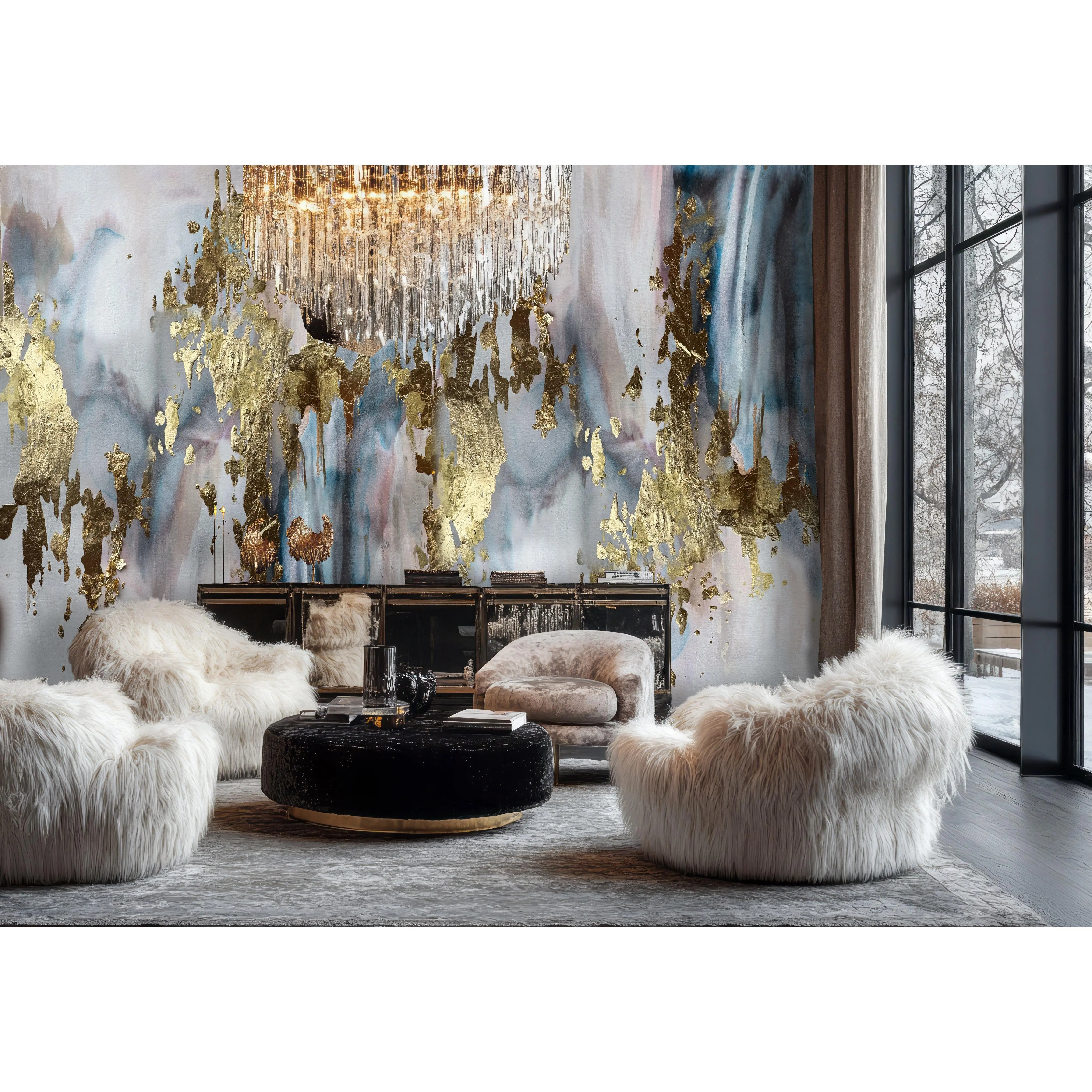 Custom "Northern Lights" Vivian Ferne Wallpaper Wall Mural 141" wide x 133" tall on left side and 62" wide x 27" on right side from top-down Prepasted