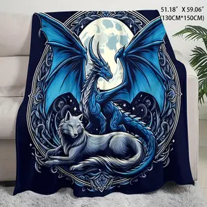 A Mysterious Ice Dragon And Wolf Plush Printed Blanket - 1Pc Of Modern Style, Machine Washable, All-Season Comfort, Digitally Printed Polyester Bedding, Simple Theme Decoration, Knitted Lightweight Fabric, Ideal Gift summervibes