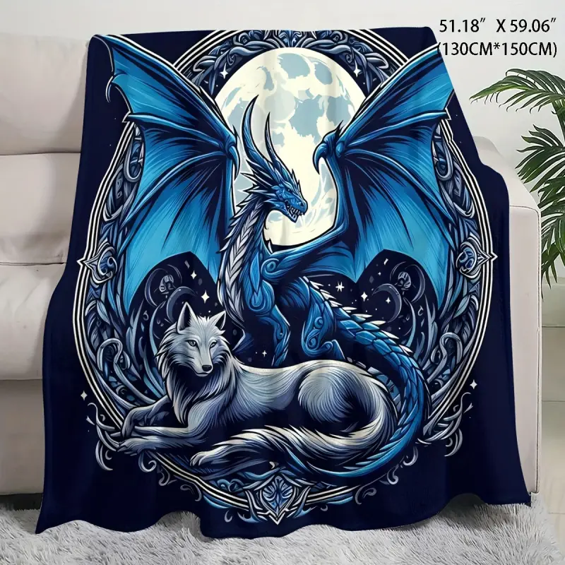 A Mysterious Ice Dragon And Wolf Plush Printed Blanket - 1Pc Of Modern Style, Machine Washable, All-Season Comfort, Digitally Printed Polyester Bedding, Simple Theme Decoration, Knitted Lightweight Fabric, Ideal Gift